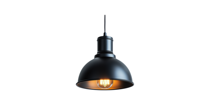 Black pendant lamp with exposed bulb isolated on transparent background