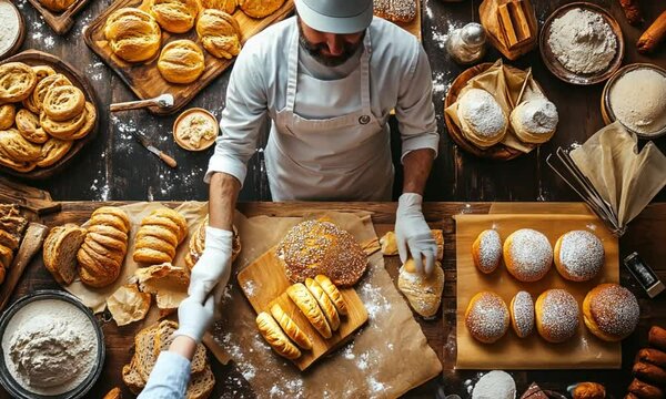 A baker meticulously arranging various types of freshly baked bread on a rustic wooden table.