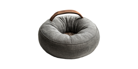 Gray round cushion with brown handle isolated on transparent background