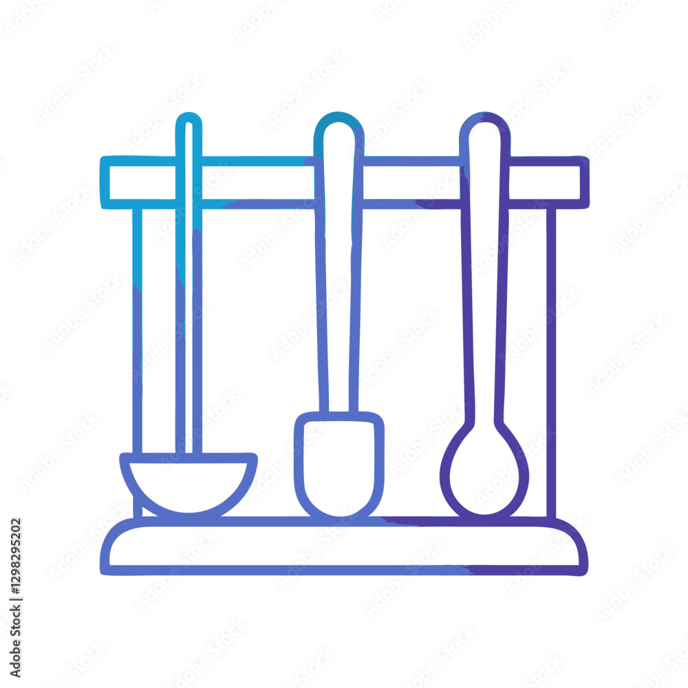 Poster ladle holder with various kitchen utensils represented in a minimal vector style ideal for culinary 