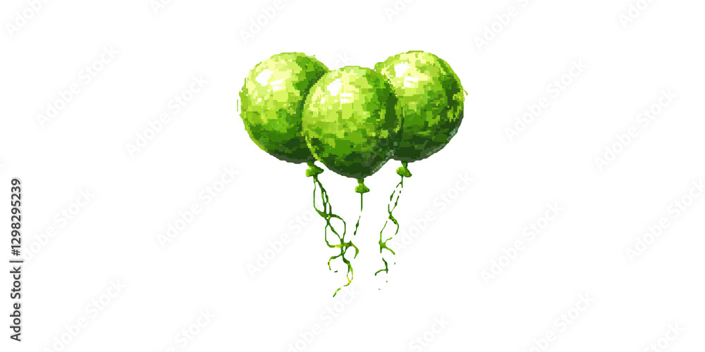 Poster three green balloons with strings isolated on transparent background