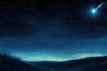 Naklejka premium Night sky filled with stars and a shooting star over a serene landscape during twilight hours. Generative AI