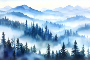 Fototapeta premium Misty Mountain Forest Illustration