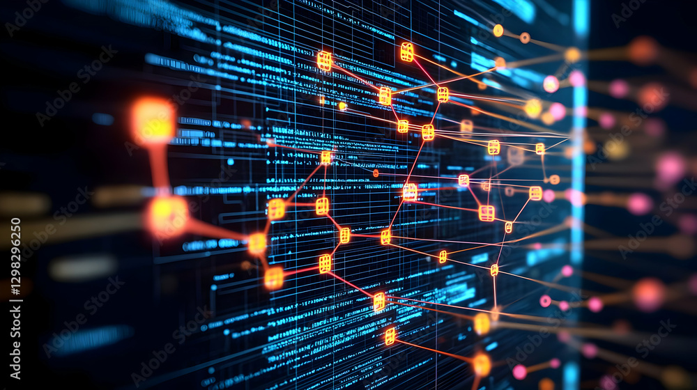 Aufkleber abstract digital network with blue and orange lines connecting nodes on a dark background