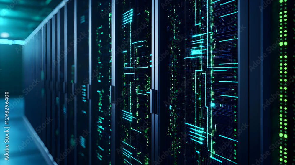Poster server racks illuminated with blue and green lights in darkened room representing data and informati