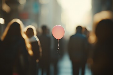 Pink Balloon Floating Above Crowd on Blurred City Street