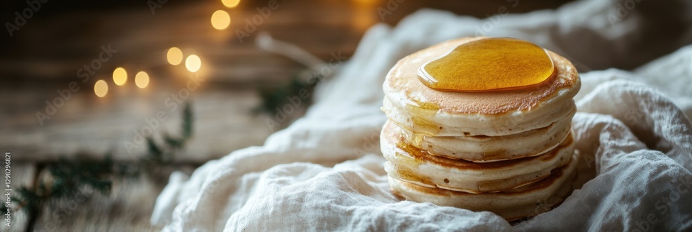 Aufkleber fluffy pancakes stacked with syrup on a rustic wooden table illuminated by warm fairy lights. genera