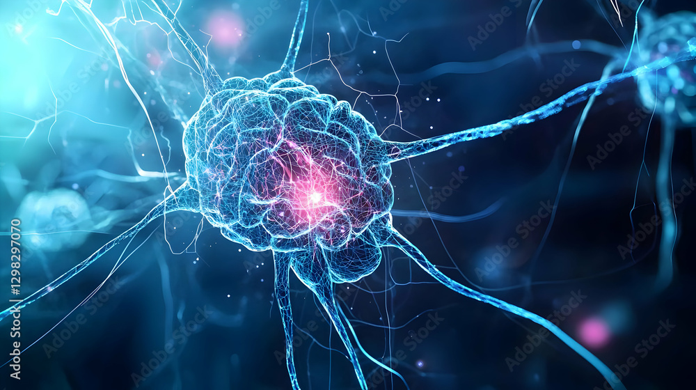 Poster abstract digital render of a neural network with glowing blue structures and central pink light