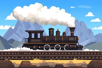 The steam train slowly travels on the tracks