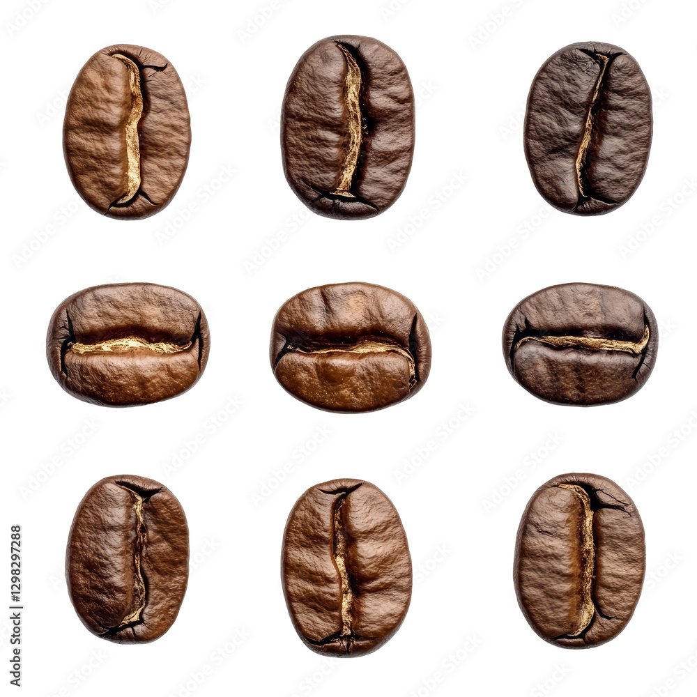 Poster a unique view of isolated coffee beans arranged in an artistic pattern on a clean transparent surfac