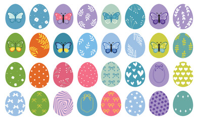 Easter eggs with floral elements. Drawing clipart set. Happy easter eggs, color butterflies. Multicolored symbols for traditional celebration. Vector illustration, oval shape elements for decoration