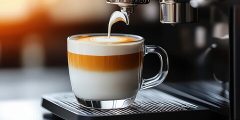 Rich, creamy milk streams into a glass cup forming a smooth layer on a cappuccino, highlighting an inviting coffee ritual in warm lighting.