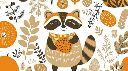 Cute raccoon illustration, autumnal design, nature background