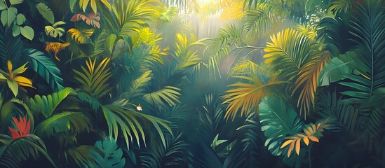 Vibrant Tropical Jungle with Sunlight and Dense Foliage