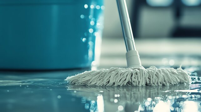 A mop and bucket with water droplets visible on a black background