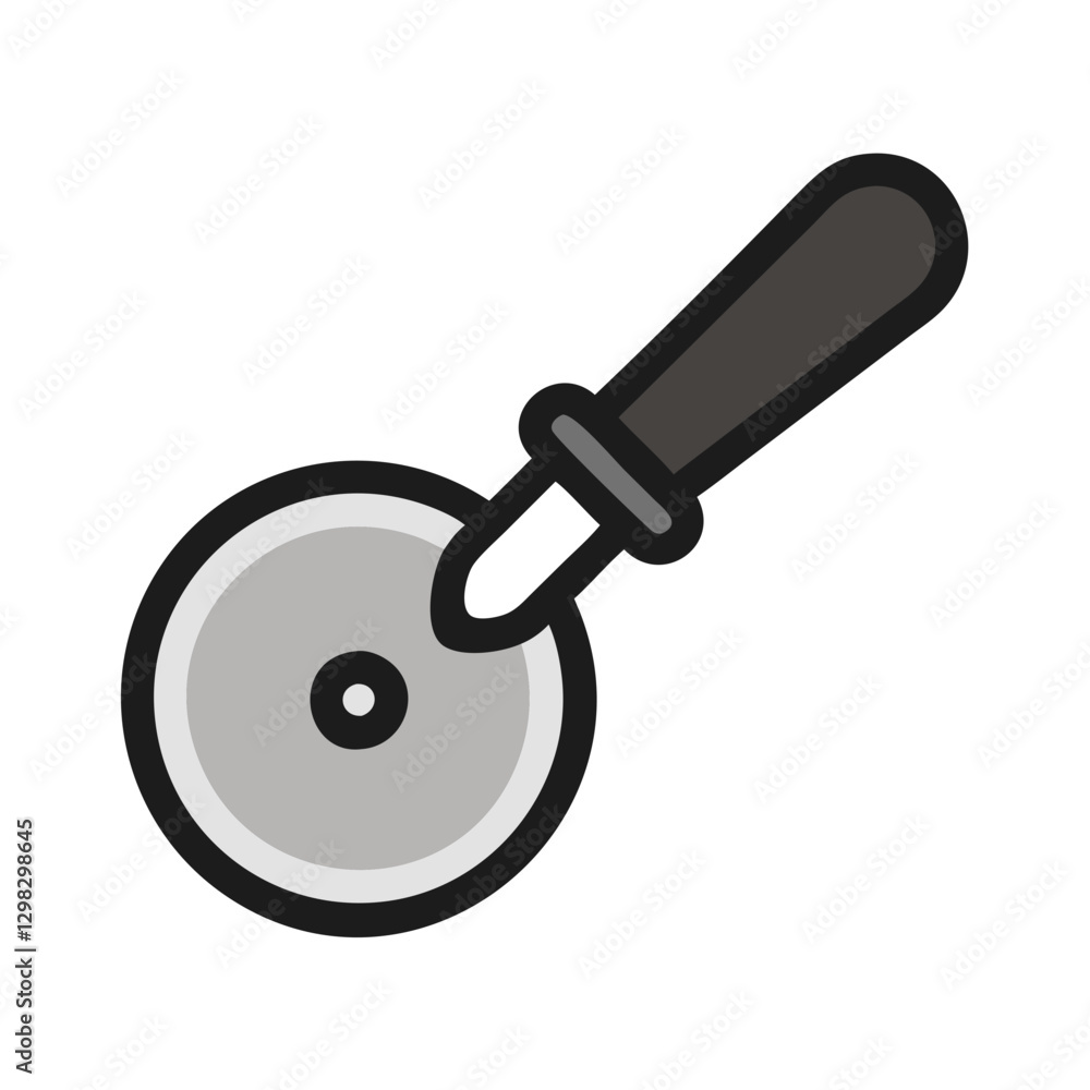 Poster vector icon of a pizza cutter showing a circular blade with a handle, commonly used in kitchens for 