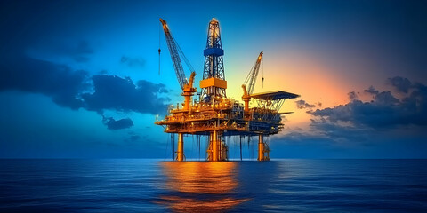 Offshore Oil Rig at Sunset 3D Illustration