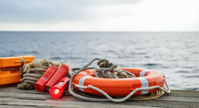 Life-saving equipment on wooden pier by sea