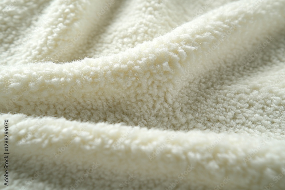 Poster a luxurious close-up of soft, white sherpa fabric with gentle folds creating a warm and inviting tex