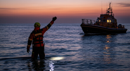 Fototapeta premium Rescuer in water signals towards lifeboat at sunset
