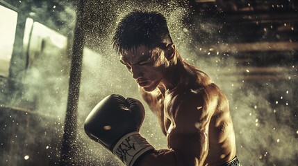 Boxer's Power: A gritty, high-contrast image of a determined boxer executing a powerful punch, capturing the intensity and raw emotion of the sport.