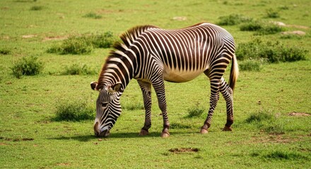 Fototapeta premium Zebra grazing on green grass in field