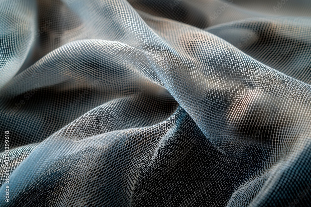 Poster a close-up of draped, translucent fabric with a delicate net-like pattern creating shadows and light