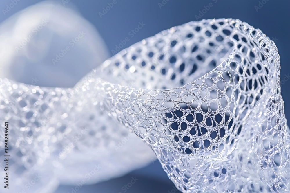 Poster an abstract macro photograph of a delicate white net or mesh fabric creating a pattern against a blu