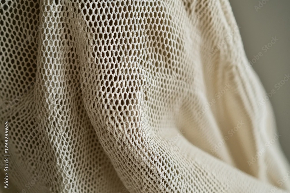 Poster close-up shot of a delicate, hand-knitted off-white fabric revealing intricate patterns and a soft, 