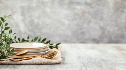 Neatly arranged cutlery and plates with greenery on rustic table