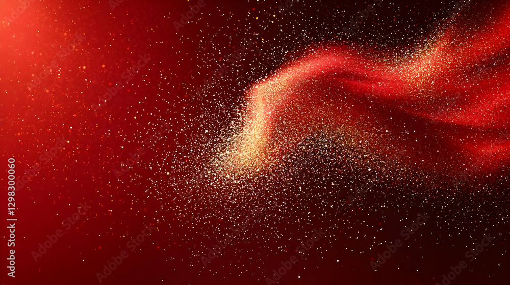 Poster abstract red background with golden glitter particles flowing with dynamic wave light