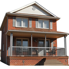 A brick bungalow with an off-white roof and silver railings, on the front porch of a two-story home with a brown wood deck. Transparent background.