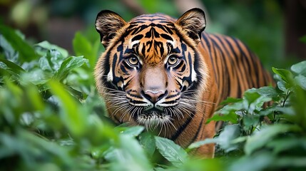 Fototapeta premium Fierce yet graceful Sumatran Tiger stalking through the dense jungle its orange and black striped fur blending into the lush green surroundings