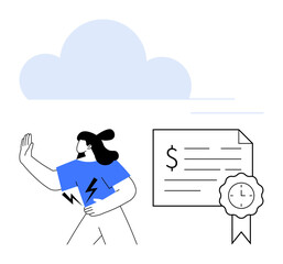 Woman holding up hand to financial document with lightning bolt on shirt and blue cloud above. Ideal for finance, conflict, decision making, negotiation, earning challenges, goal setting, financial