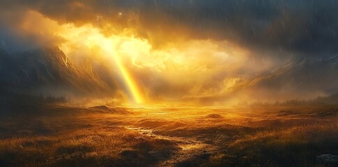 Obraz premium Dramatic Landscape with Rainbow and Golden Light Over Grassy Field