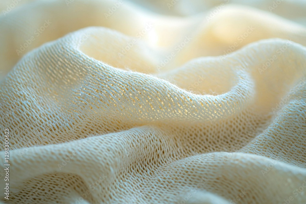 Poster a delicate, soft fabric with a subtle knit pattern, draped in gentle folds under soft, warm lighting