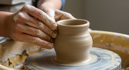 Person shaping clay on pottery wheel with skilled hands