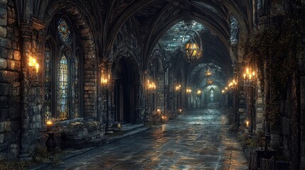 Dark Gothic Cathedral Corridor: Candlelit Stone Path, Stained Glass Windows