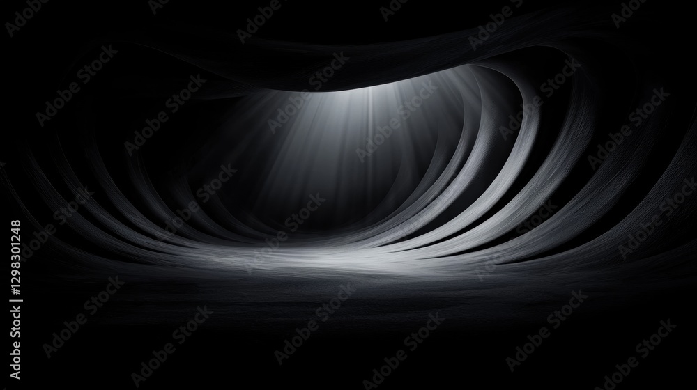 Poster a black and white abstract image of a tunnel with light at the end.