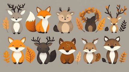 Fototapeta premium Cute Autumn Forest Animals