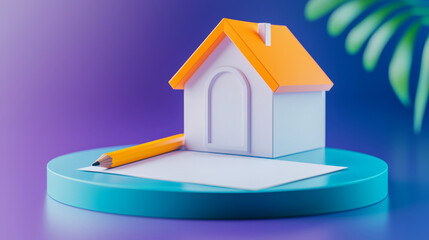 A colorful model house with an orange roof sits on a teal platform beside a pencil and a blank sheet of paper against a purple background.