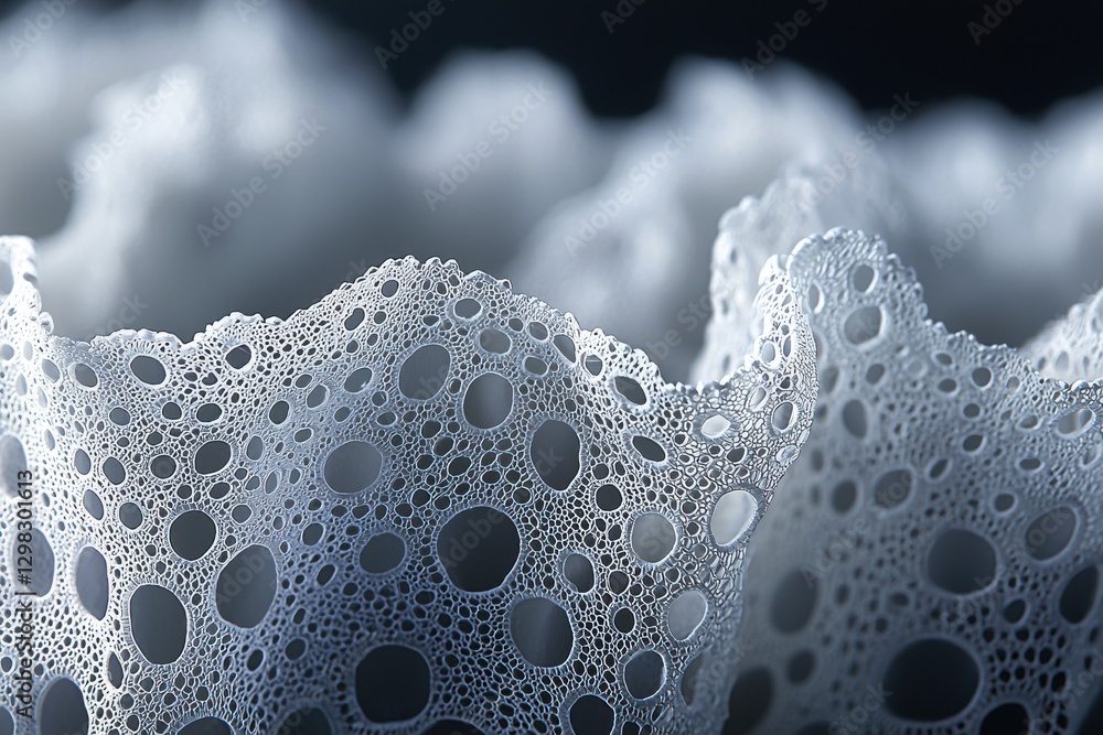 Poster an abstract close-up of white foam with intricate bubble patterns, showcasing the delicate structure