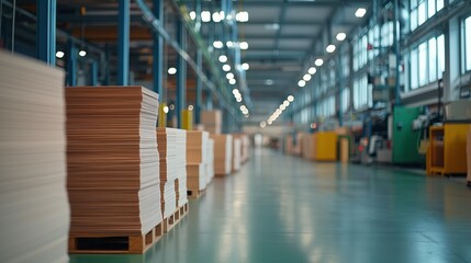 Obraz premium Modern Industrial Warehouse Interior Featuring Stacked Cardboard Boxes in a Well-Lit Production Facility with Machinery in Background