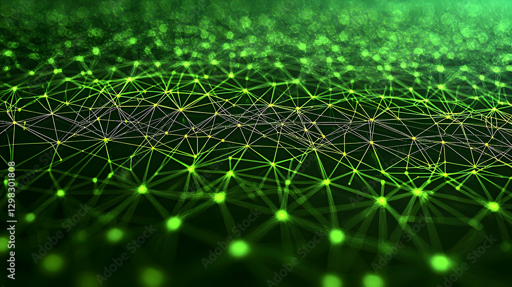 Poster green network of connected dots and lines on a dark background illustrating digital technology
