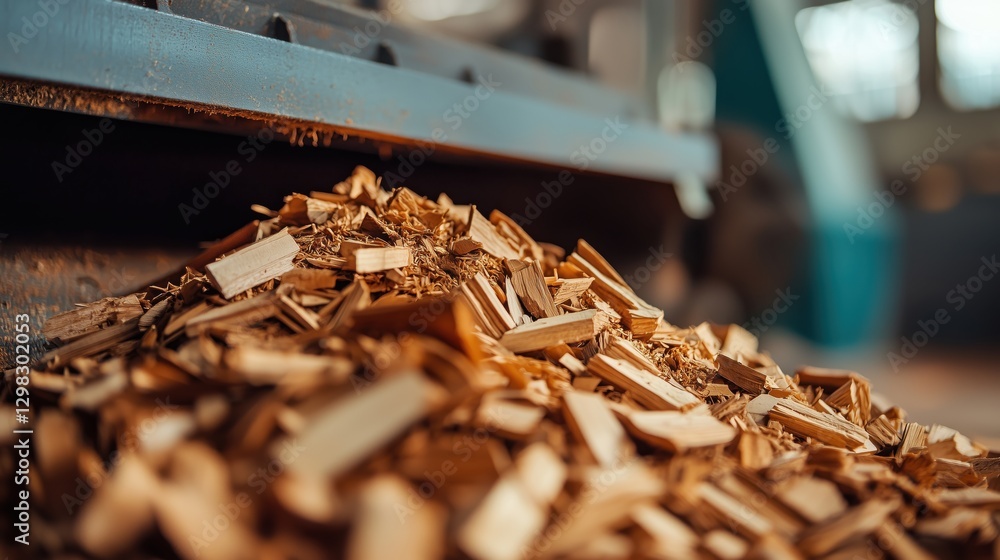 Poster close-up view of wood shavings on the ground in an industrial workshop setting with machine in backg
