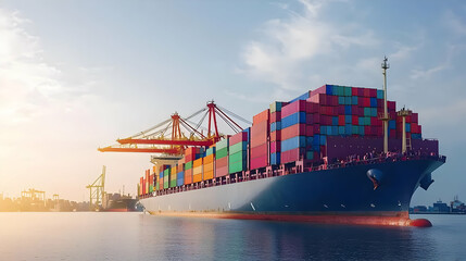 Large Cargo Ship Loaded With Containers Sailing Across Blue Water Under a Cloudy Sky at Sunset
