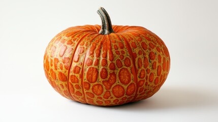 A charming small orange pumpkin features a unique swirling pattern etched into its surface, showcasing a blend of vibrant hues and textures, perfect for autumn decor.