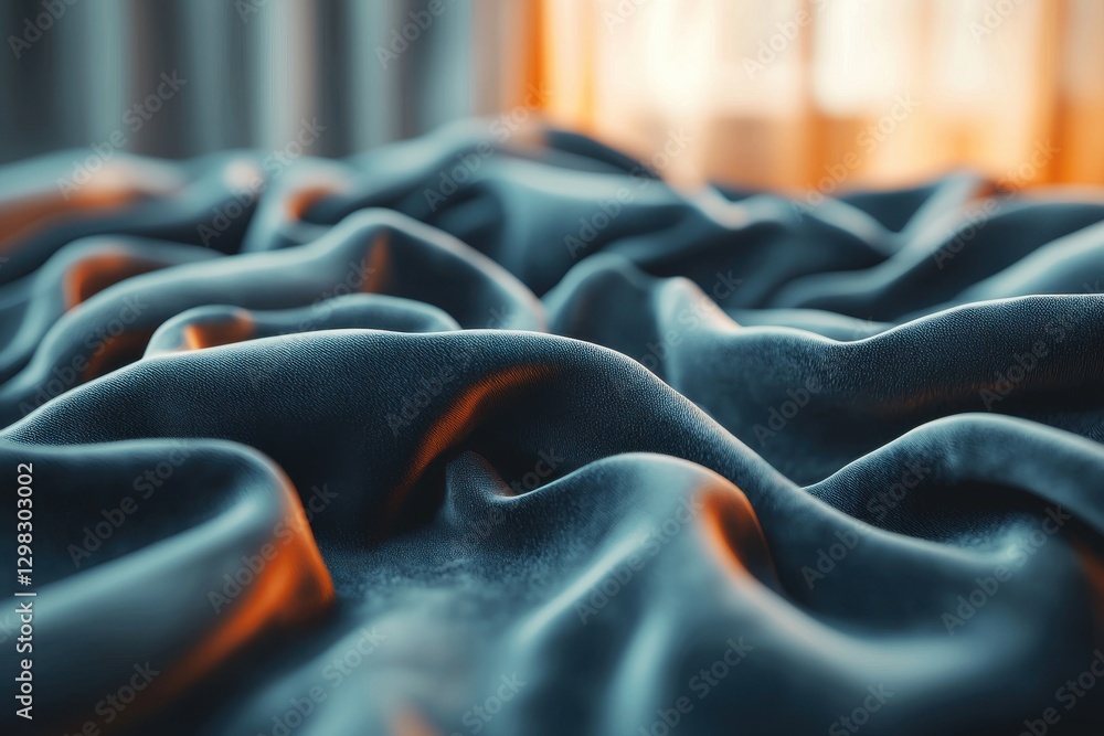 Poster abstract close-up of undulating dark blue fabric with subtle orange highlights, creating a smooth an