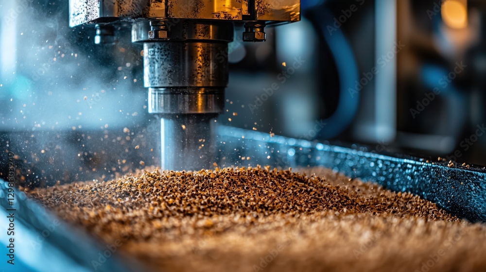 Poster close-up of industrial machine processing granular material in a factory environment, steam and grai