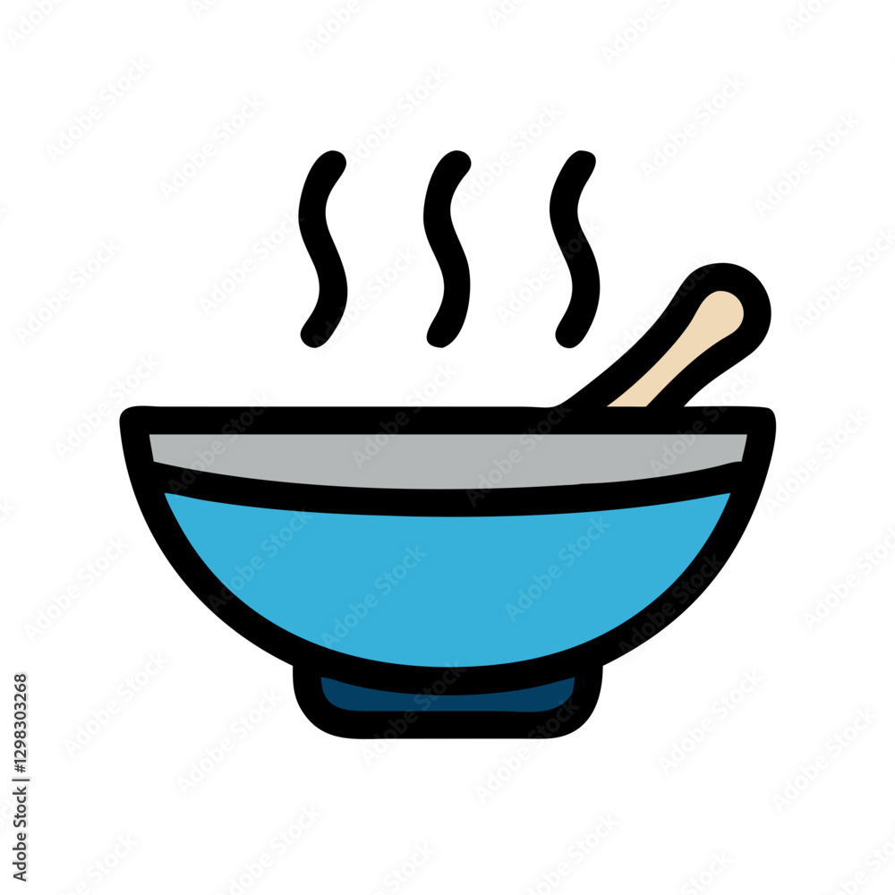 Poster vector icon of a steaming soup bowl with a wooden spoon, showcasing a simple yet appealing design fo